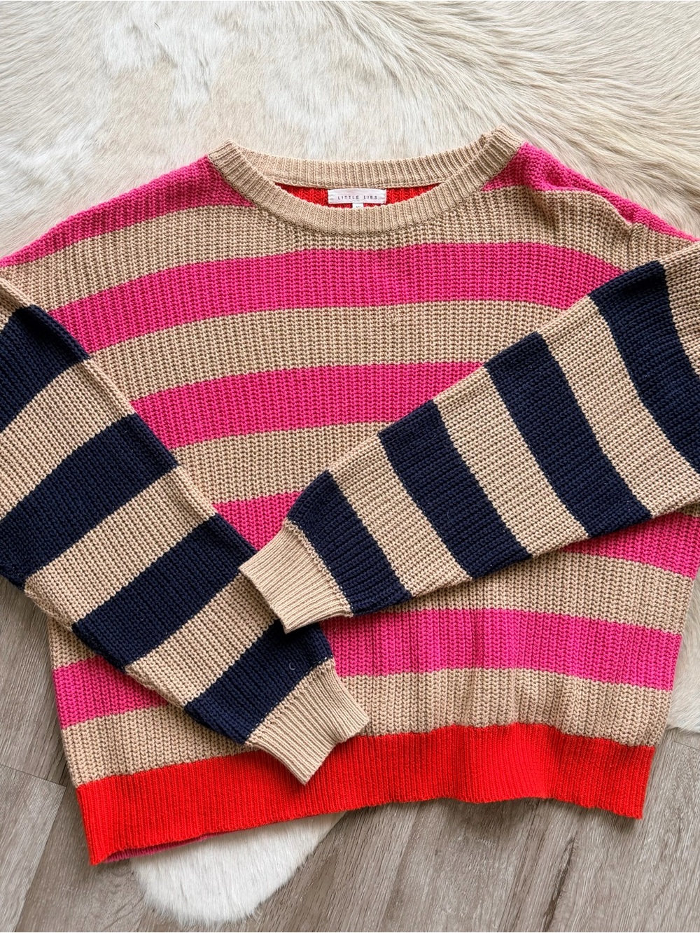 Striped Crewneck Sweater in Pink, Beige & Navy by Little Lies EUC
